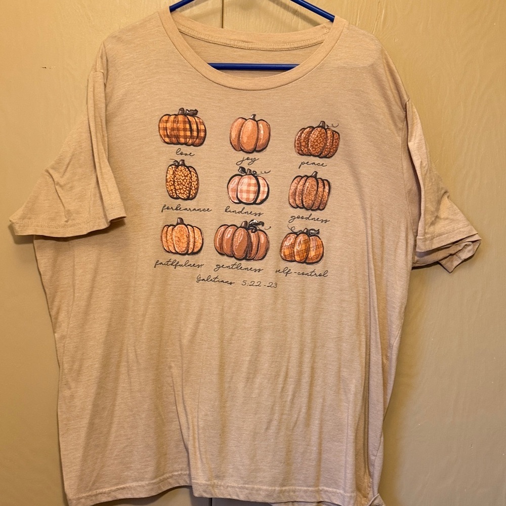 Love in Faith 3X “Fruit of the Spirit” tan with Pumpkin Graphic T-Shirt